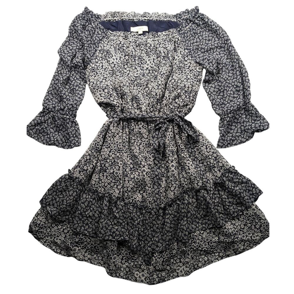 Loft Dress Women's Large Navy Blue White Floral Off the Shoulder Belted Chic EUC
